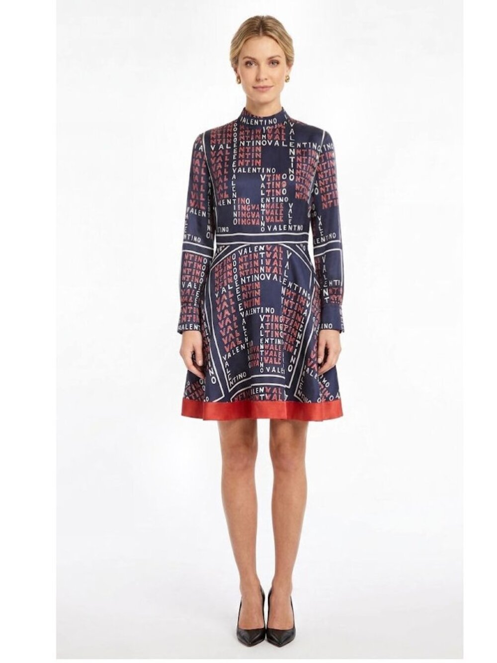 VALENTINO Mock-neck Long-sleeve Puzzle-print Midi Dress Womens Size 12   $5030